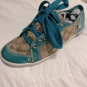 Coach sneakers with canvas khaki genuine coach with teal laces and trim. Size 8B